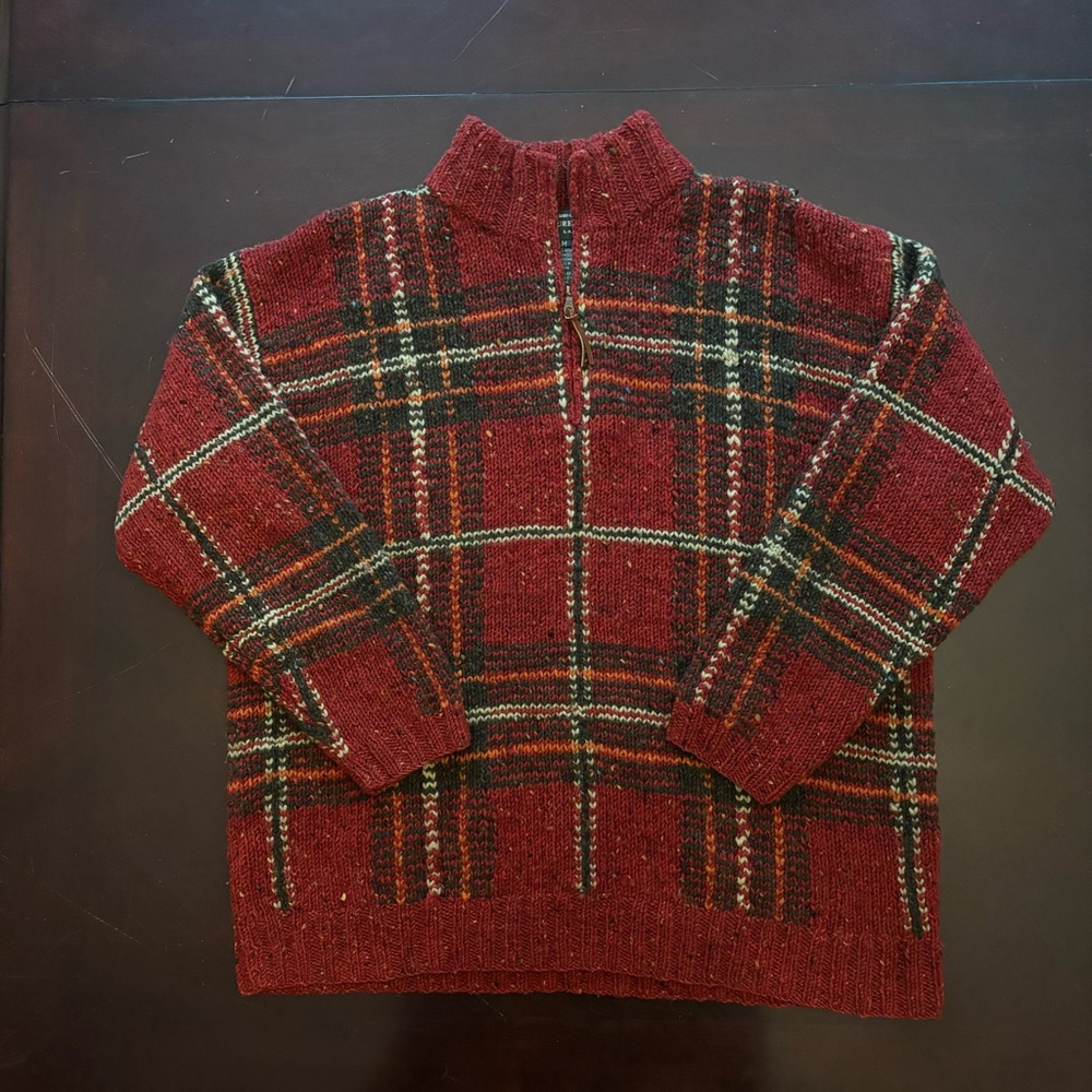 Vintage Lauren Ralph Lauren Hand Knit Sweater 1/4 Zip Women M 100% Wool Plaid